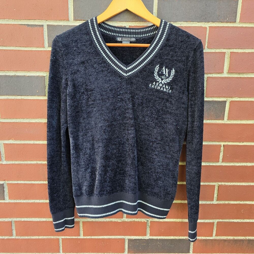 Armani Exchange Black Silver V-Neck Womens Pullover Size Small Plush Logo